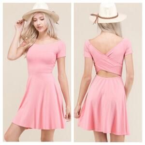 Heart & Hips Women's Junior Off Shoulder Cutout Back Mini Fit & Flare Dress Pink